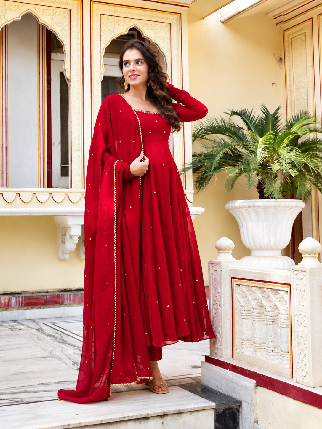 Siya Red Faux Georgette Embroidered Butti Anarkali Suit Set