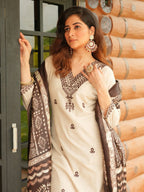 Ishani Chikoo Khadi Cotton Embroidered Kurti Pant Dupatta Set