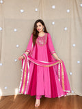 Trisha pink Embroidered Anarkali Suit Set with Chanderi Silk Dupatta