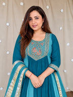 Trisha Blue Embroidered Anarkali Suit Set with Chanderi Silk Dupatta