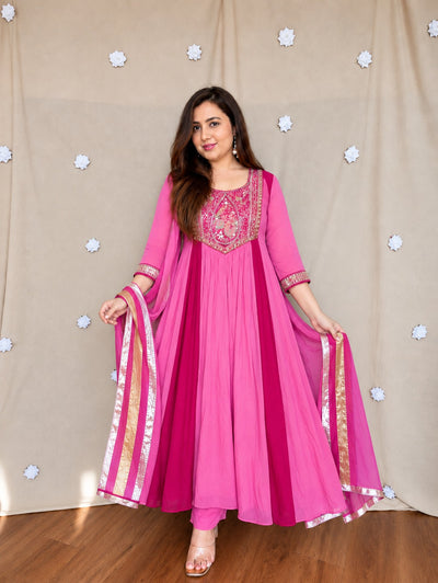Trisha pink Embroidered Anarkali Suit Set with Chanderi Silk Dupatta