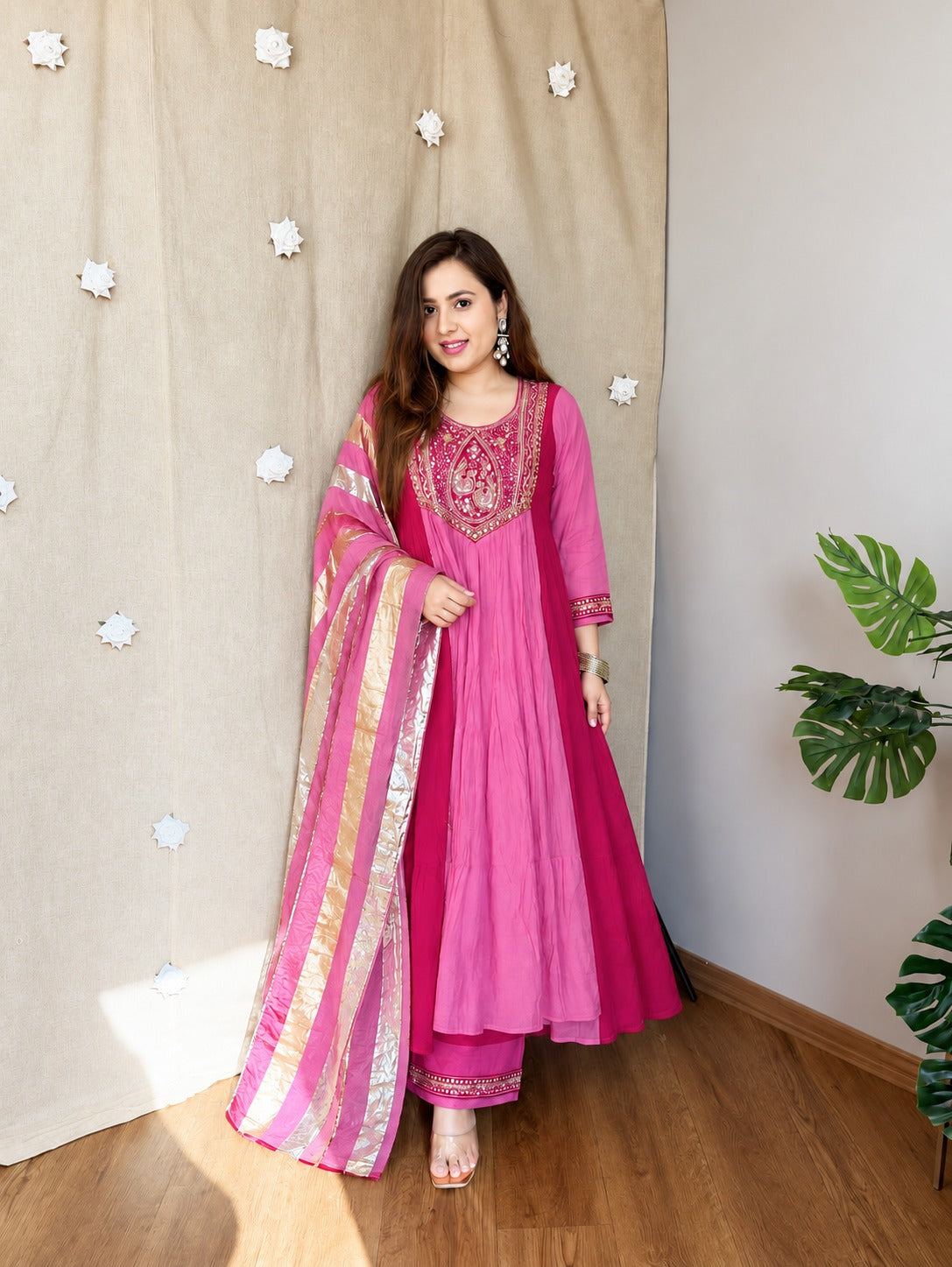 Trisha pink Embroidered Anarkali Suit Set with Chanderi Silk Dupatta