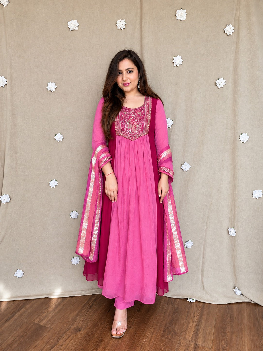 Trisha pink Embroidered Anarkali Suit Set with Chanderi Silk Dupatta