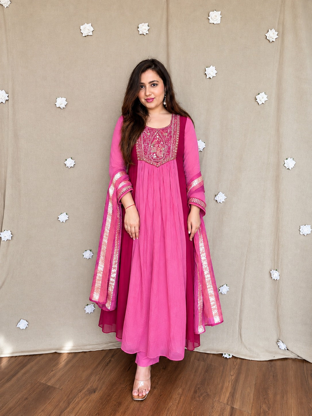 Trisha pink Embroidered Anarkali Suit Set with Chanderi Silk Dupatta