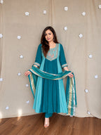 Trisha Blue Embroidered Anarkali Suit Set with Chanderi Silk Dupatta