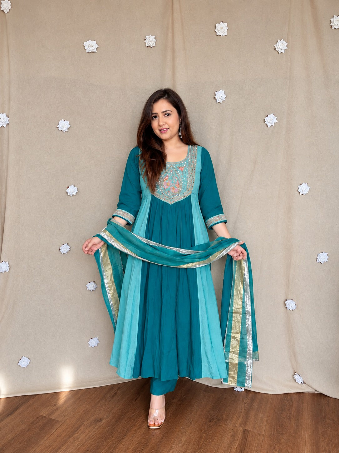 Trisha Blue Embroidered Anarkali Suit Set with Chanderi Silk Dupatta