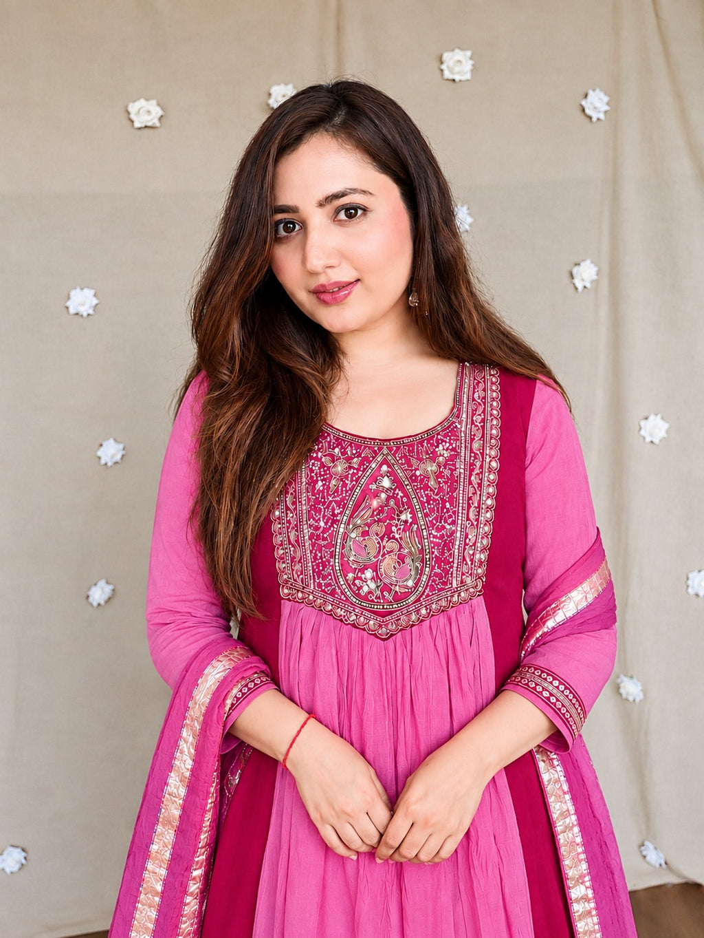 Trisha pink Embroidered Anarkali Suit Set with Chanderi Silk Dupatta