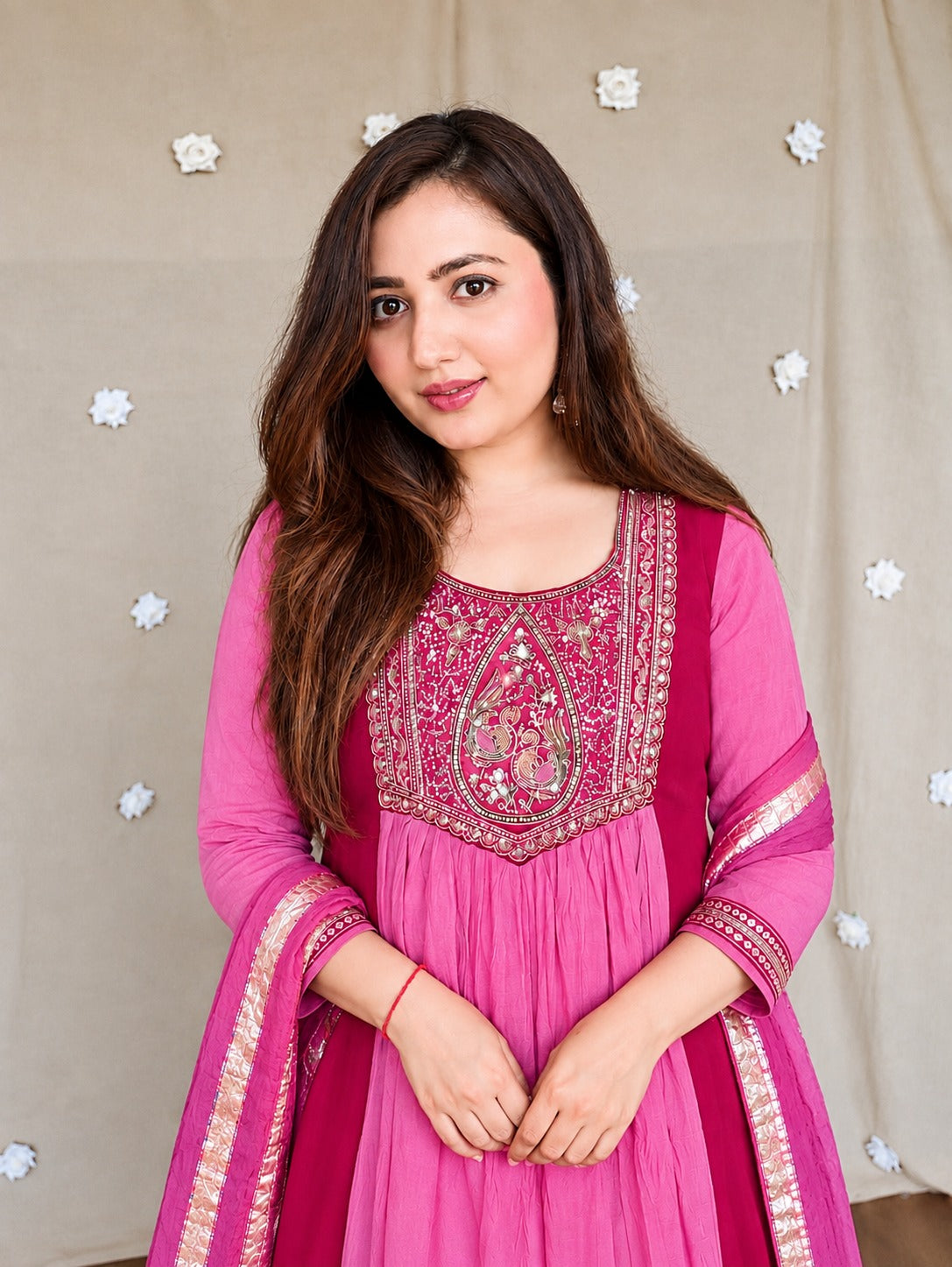 Trisha pink Embroidered Anarkali Suit Set with Chanderi Silk Dupatta