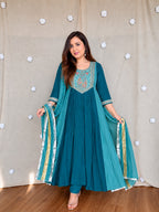 Trisha Blue Embroidered Anarkali Suit Set with Chanderi Silk Dupatta