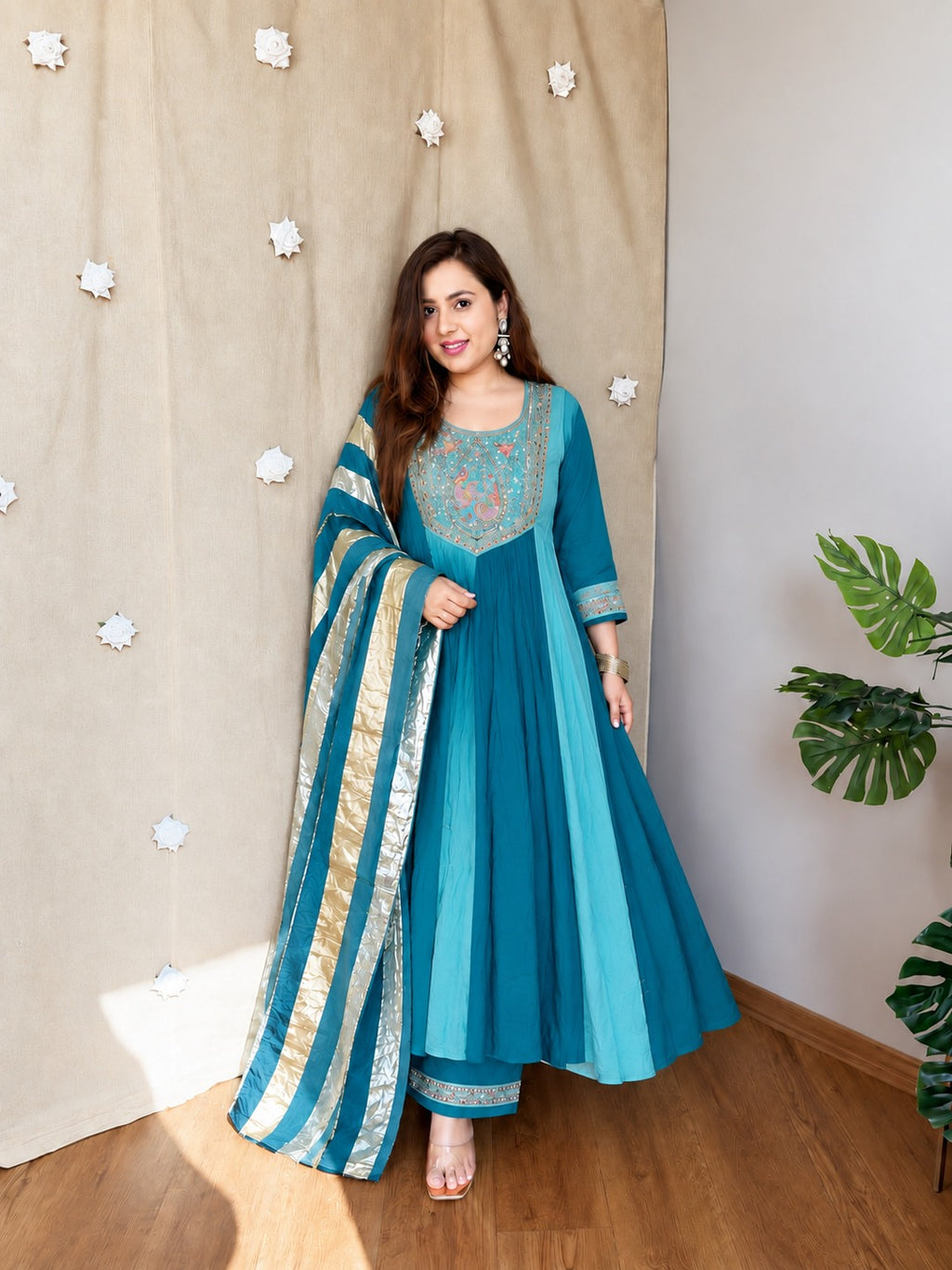 Trisha Blue Embroidered Anarkali Suit Set with Chanderi Silk Dupatta