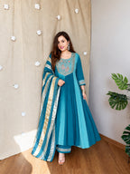 Trisha Blue Embroidered Anarkali Suit Set with Chanderi Silk Dupatta
