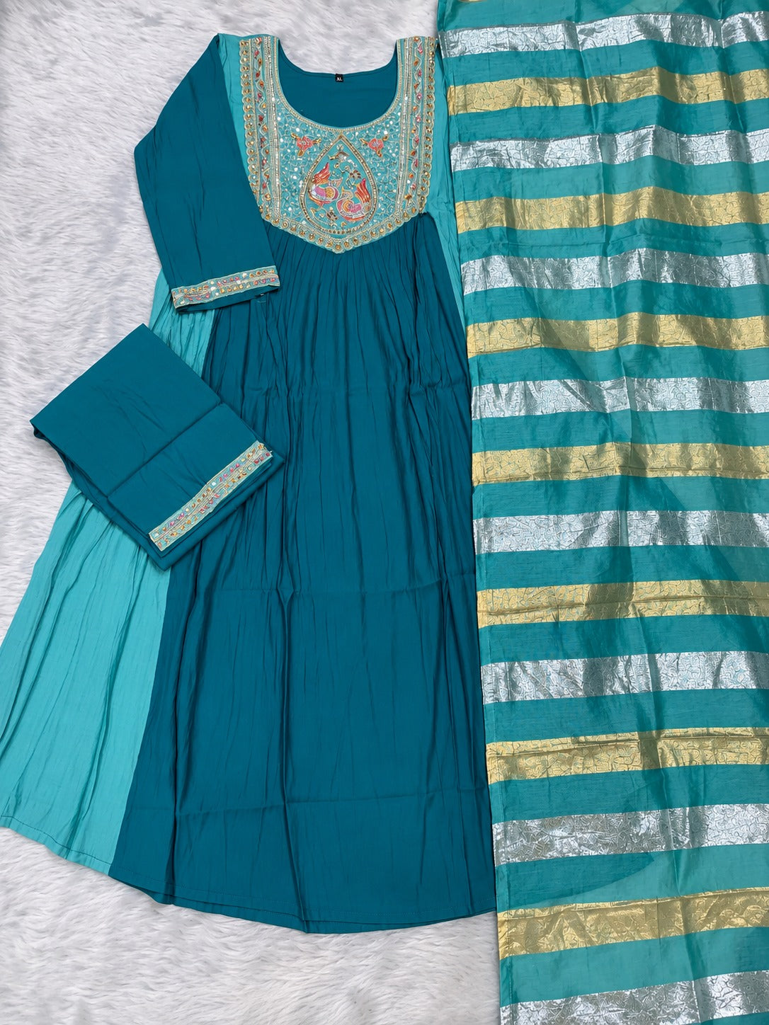 Trisha Blue Embroidered Anarkali Suit Set with Chanderi Silk Dupatta