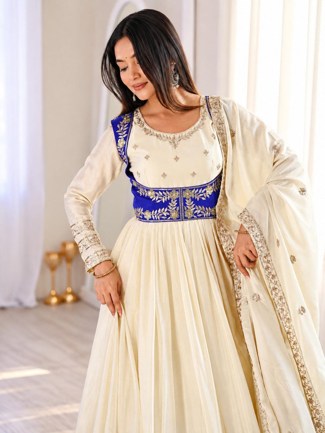 Ivory Chinnon Embroidered Anarkali Suit Set with Dupatta
