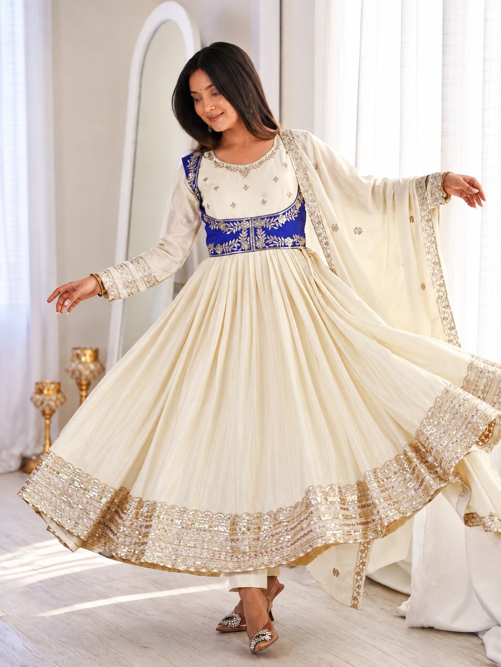 Ivory Chinnon Embroidered Anarkali Suit Set with Dupatta