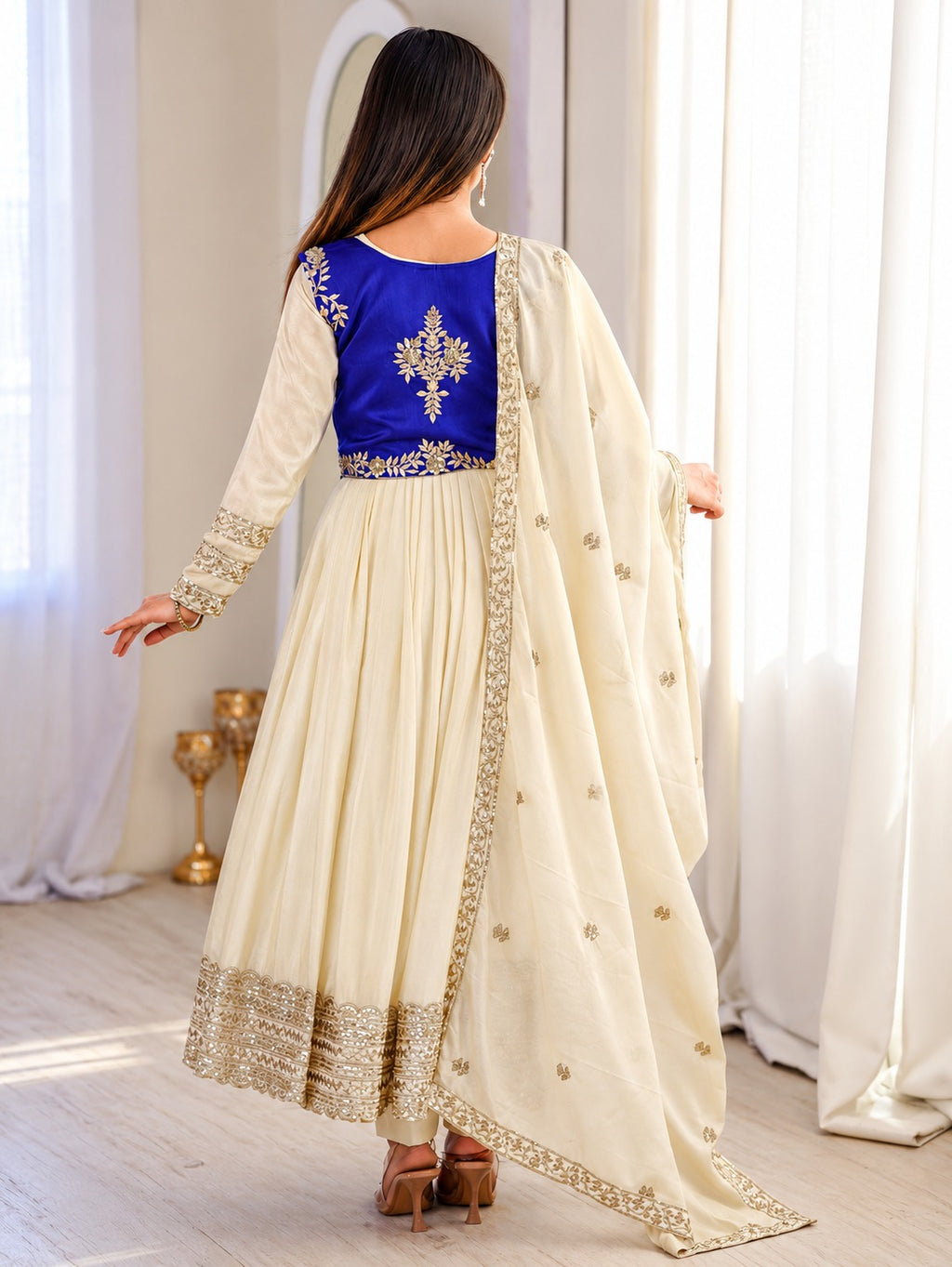 Ivory Chinnon Embroidered Anarkali Suit Set with Dupatta