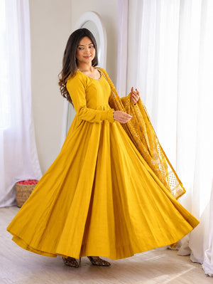 Tara yellow Mustard Cotton Anarkali Kurta Set