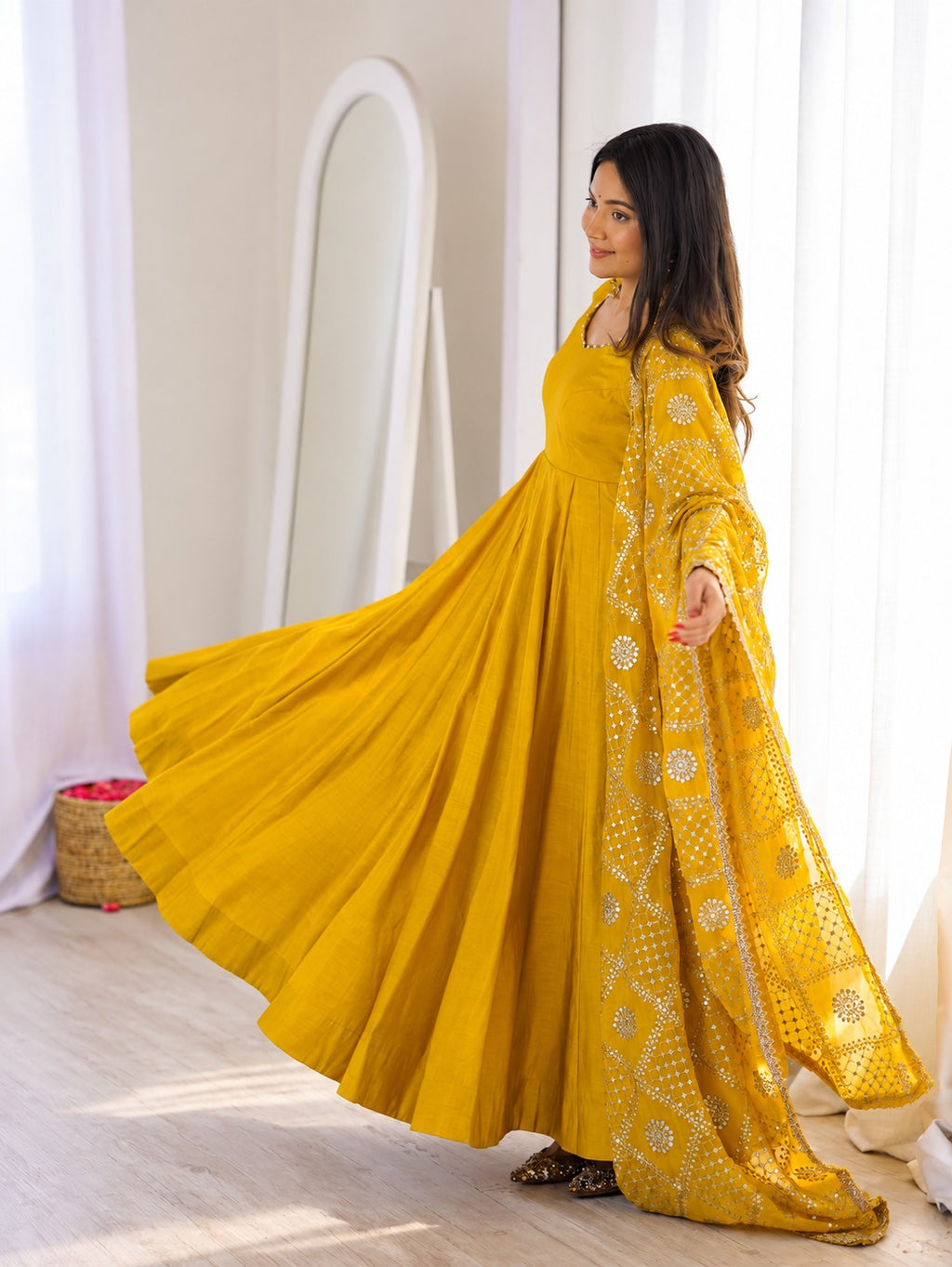 Tara yellow Mustard Cotton Anarkali Kurta Set