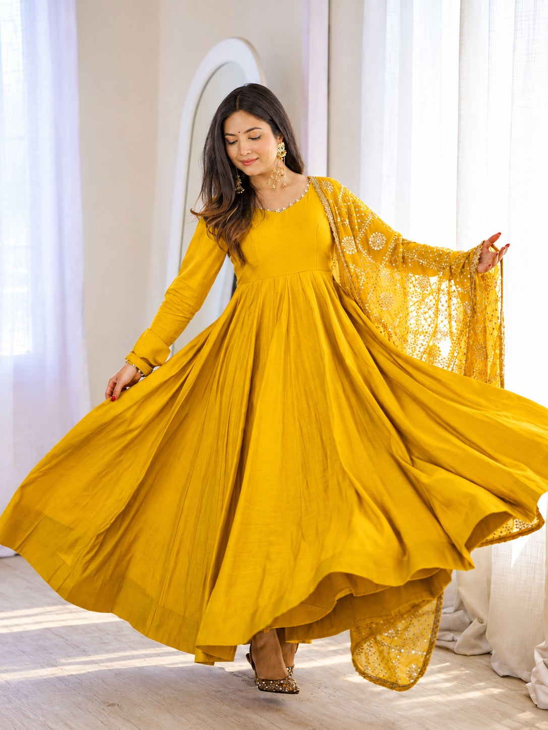 Tara yellow Mustard Cotton Anarkali Kurta Set
