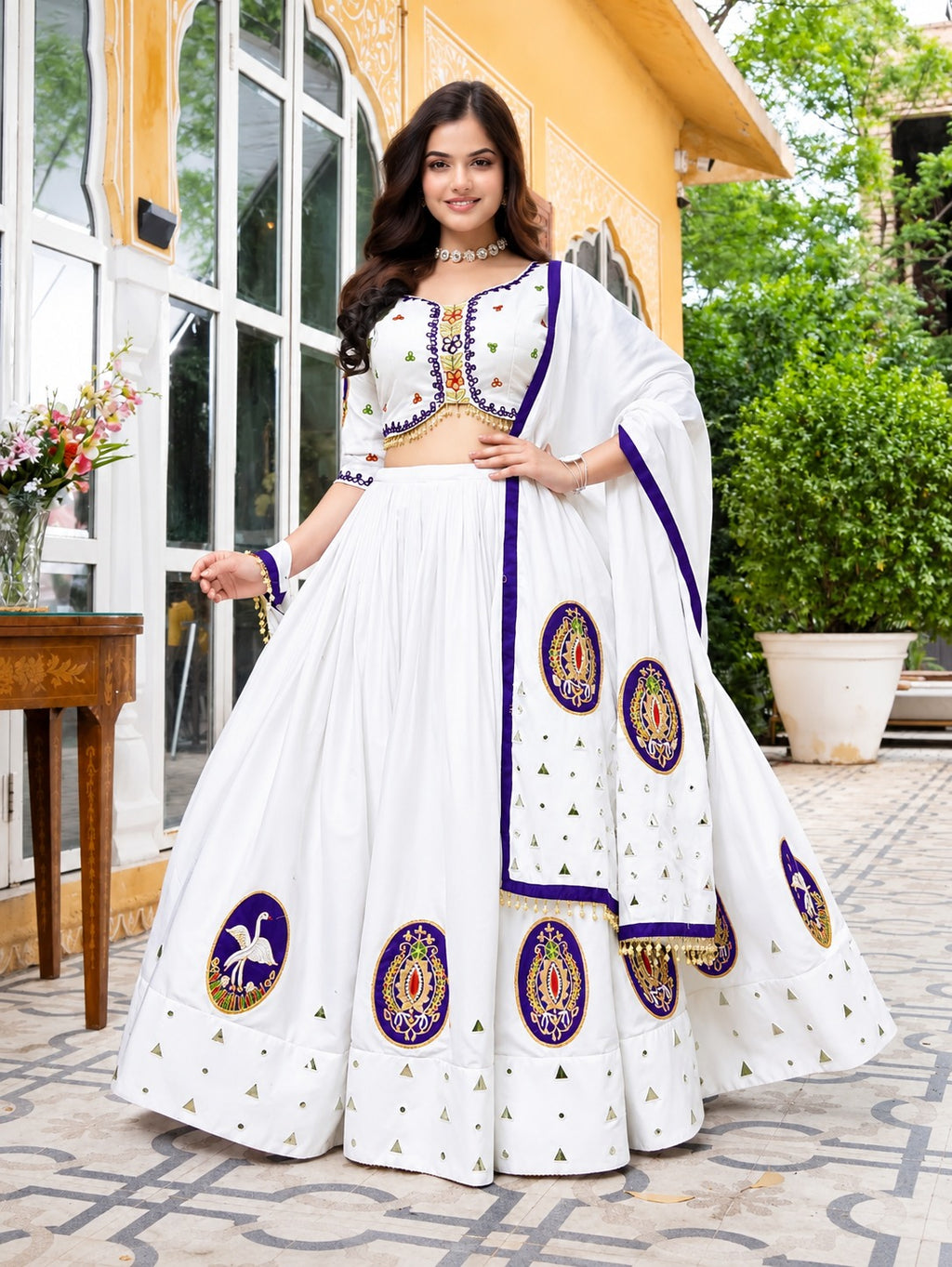 Hensi White & Purple Heavy Muslin Cotton Mirror Work Lehenga Choli Set