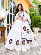 Hensi White & Purple Heavy Muslin Cotton Mirror Work Lehenga Choli Set