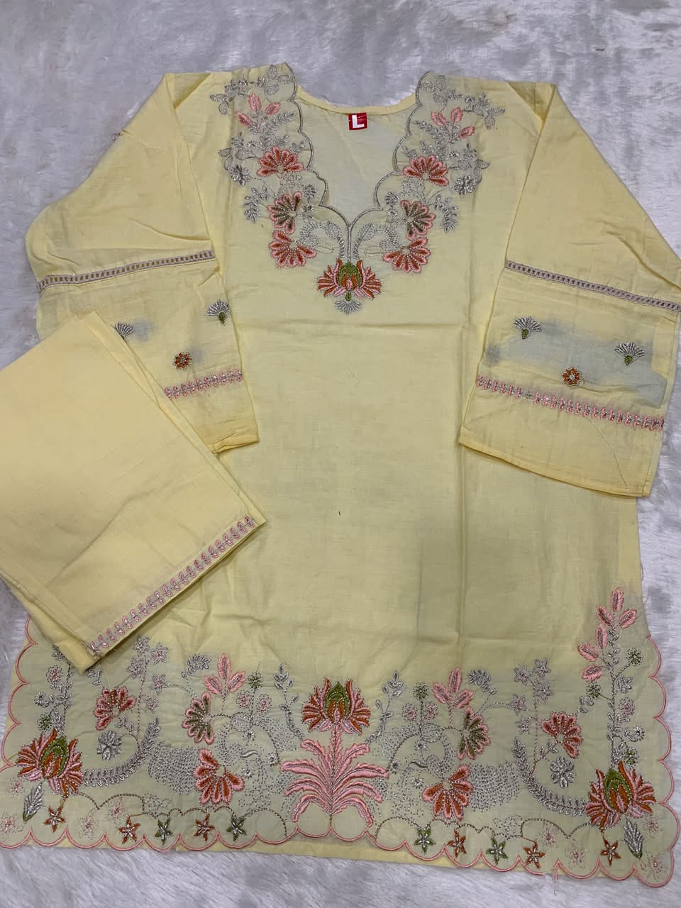 prish Yellow Premium Cotton Embroidered Kurta Pant Set