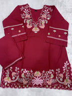 prisha Red Premium Cotton Embroidered Kurta Pant Set