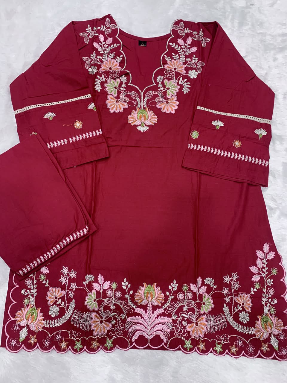 prisha Red Premium Cotton Embroidered Kurta Pant Set