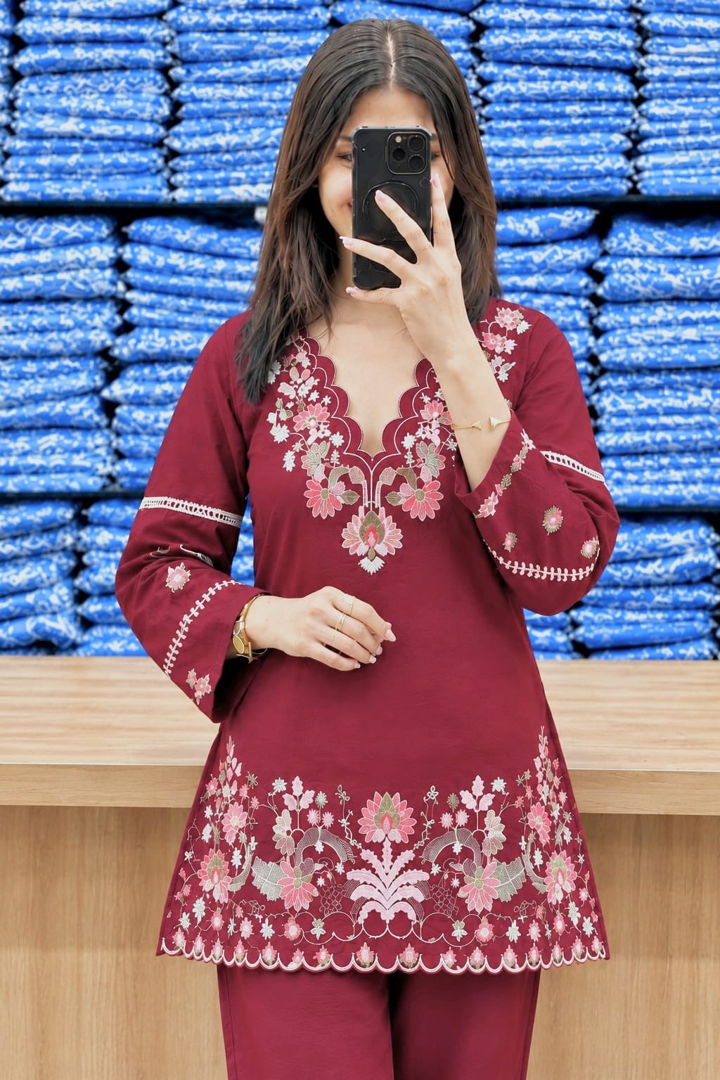 prisha Red Premium Cotton Embroidered Kurta Pant Set