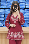 prisha Red Premium Cotton Embroidered Kurta Pant Set