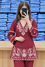 prisha Red Premium Cotton Embroidered Kurta Pant Set