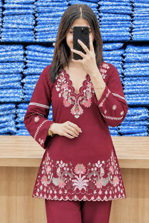 prisha Red Premium Cotton Embroidered Kurta Pant Set