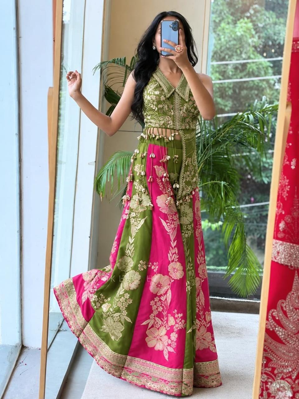 Shree pink & green Bloom Printed Embroidered Dupatta & Palazzo Set