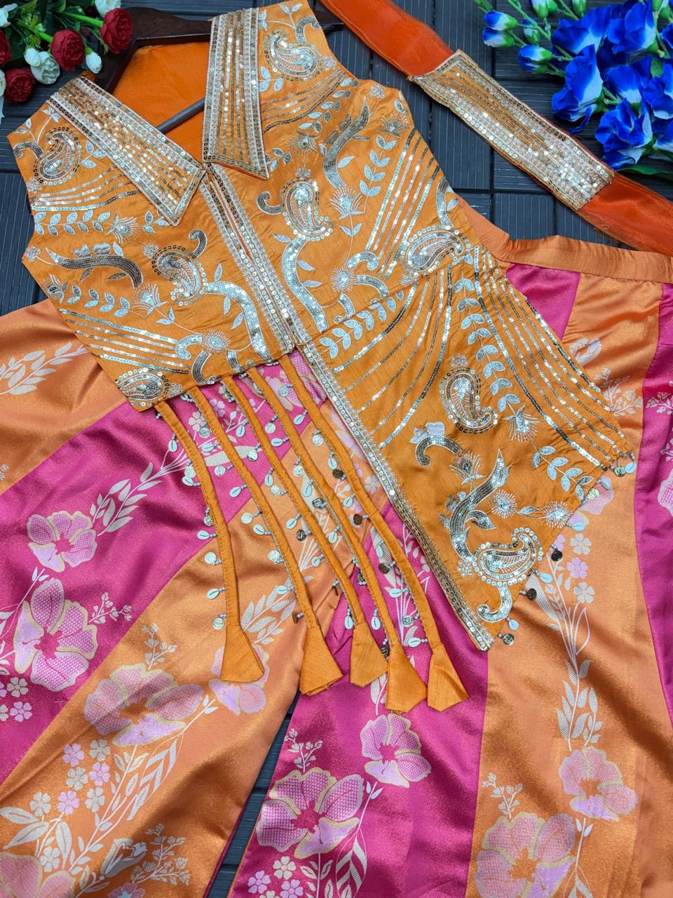 Shree orange and pink Bloom Printed Embroidered Dupatta & Palazzo Set
