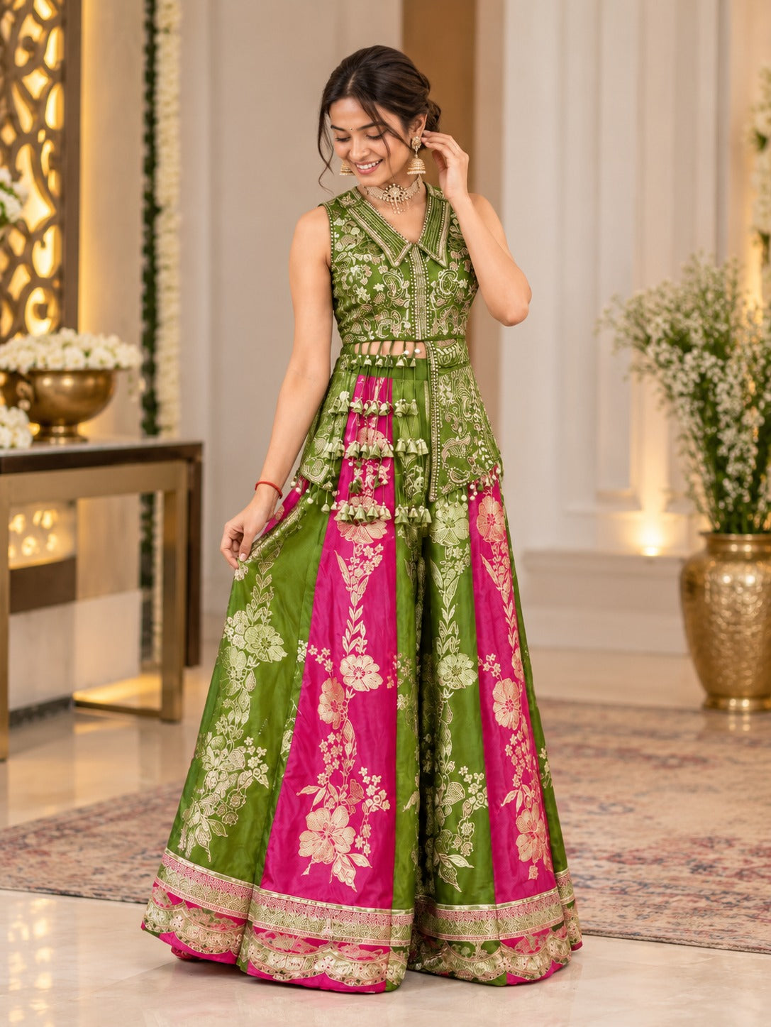 Shree pink & green Bloom Printed Embroidered Dupatta & Palazzo Set