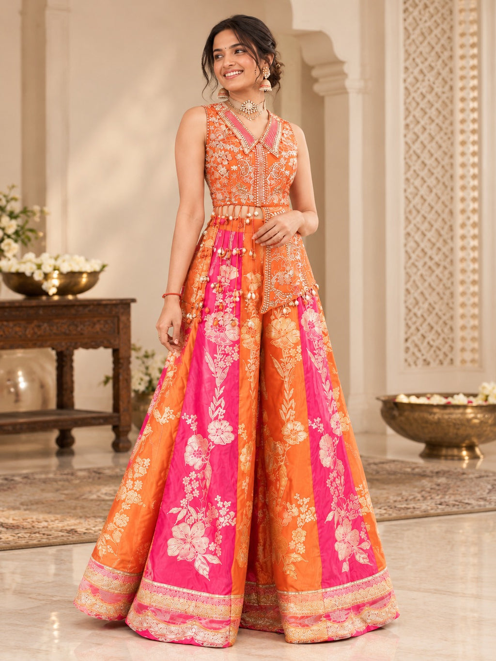 Shree orange and pink Bloom Printed Embroidered Dupatta & Palazzo Set