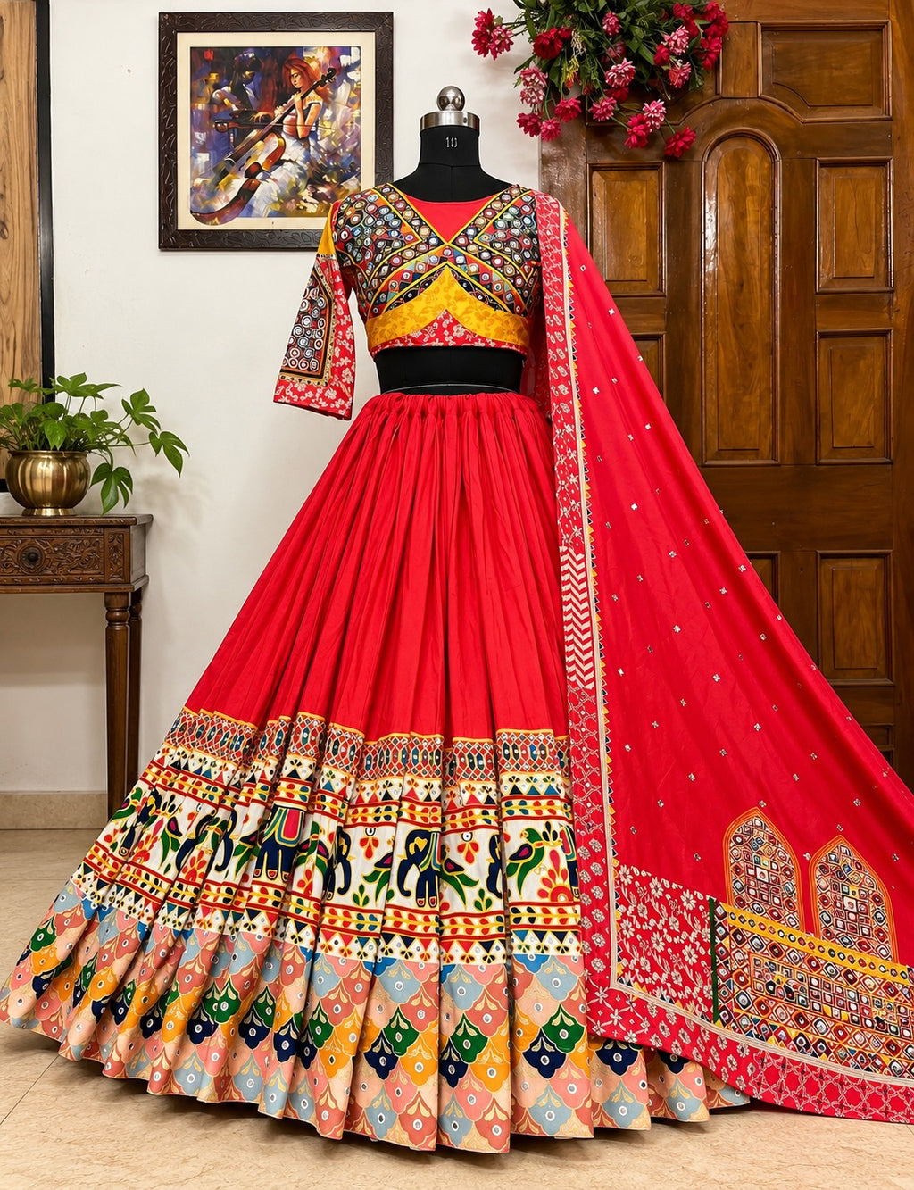 Ashi Muslin Cotton Printed Lehenga Choli with Real Mirror Work