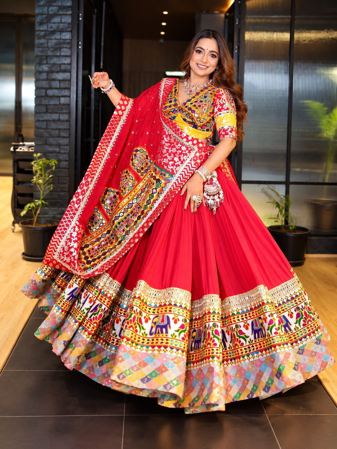 Ashi Muslin Cotton Printed Lehenga Choli with Real Mirror Work