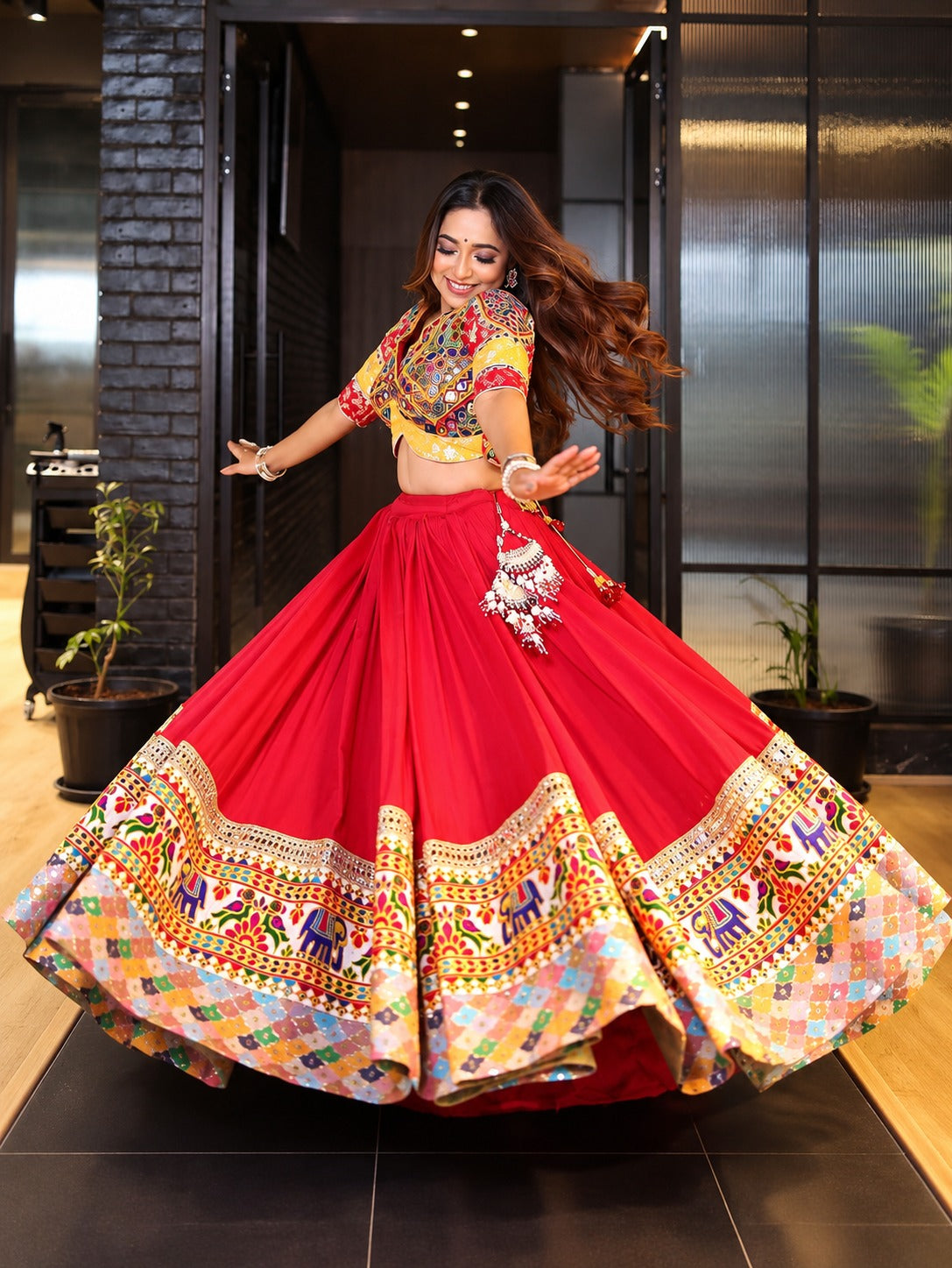Ashi Muslin Cotton Printed Lehenga Choli with Real Mirror Work