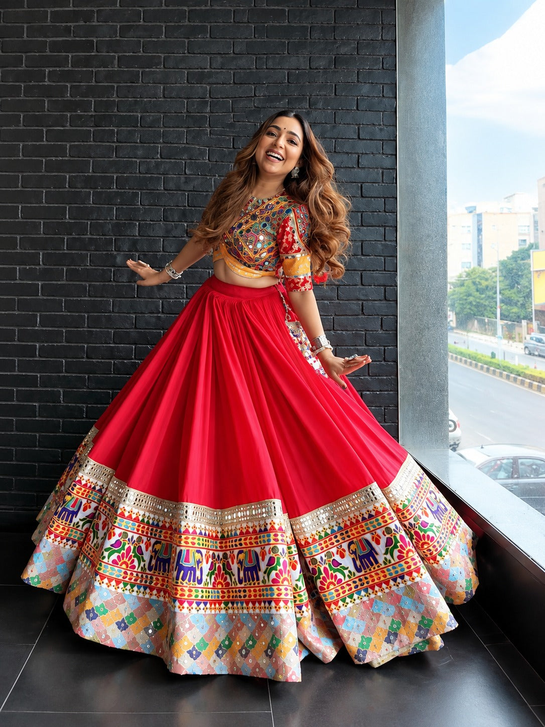 Ashi Muslin Cotton Printed Lehenga Choli with Real Mirror Work