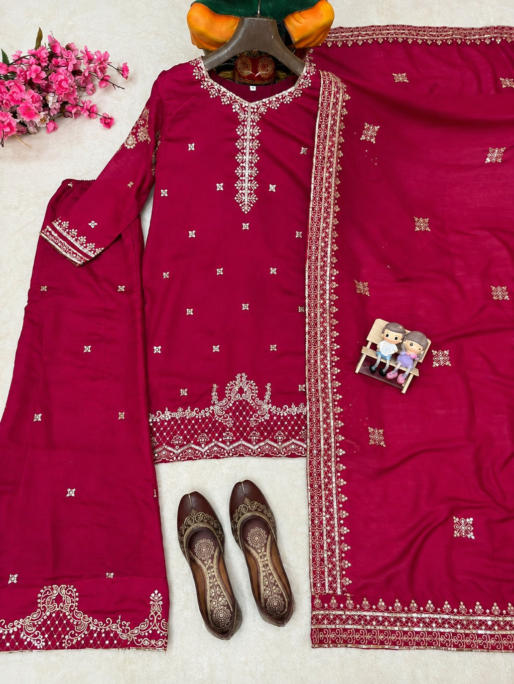 ziya Maroon Vichitra Silk Sequence & Zari Embroidered Kurti Palazzo Set