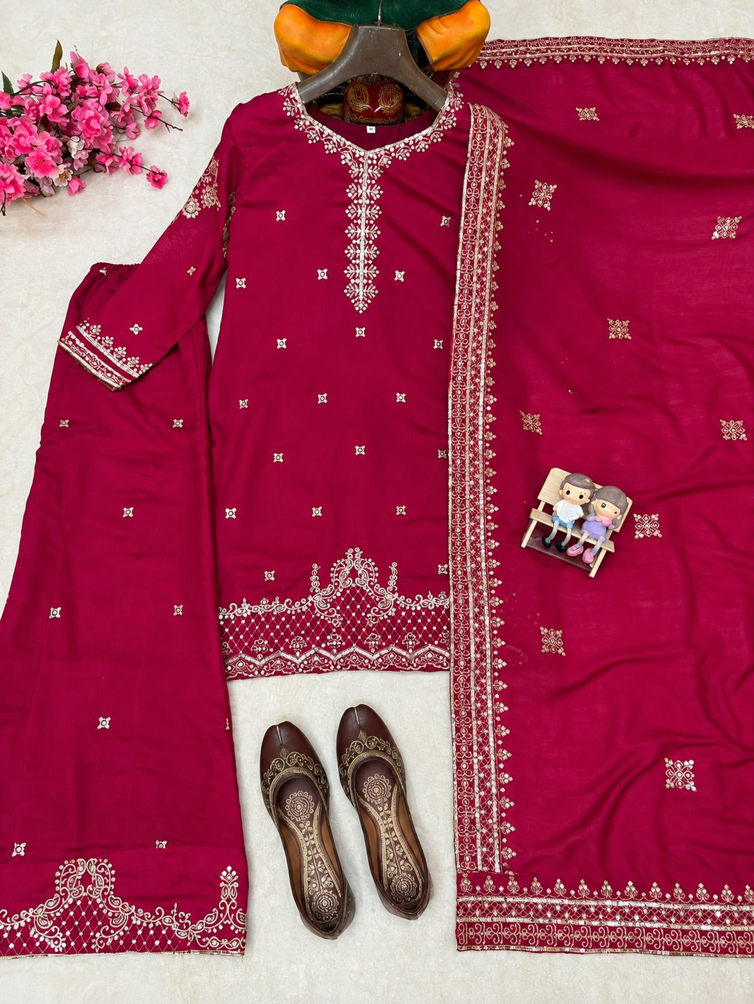 ziya Maroon Vichitra Silk Sequence & Zari Embroidered Kurti Palazzo Set