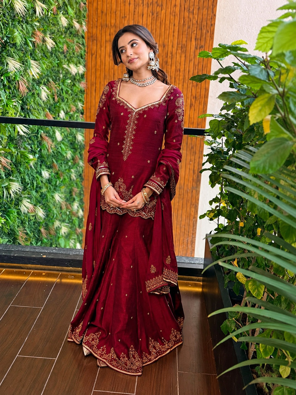 ziya Maroon Vichitra Silk Sequence & Zari Embroidered Kurti Palazzo Set