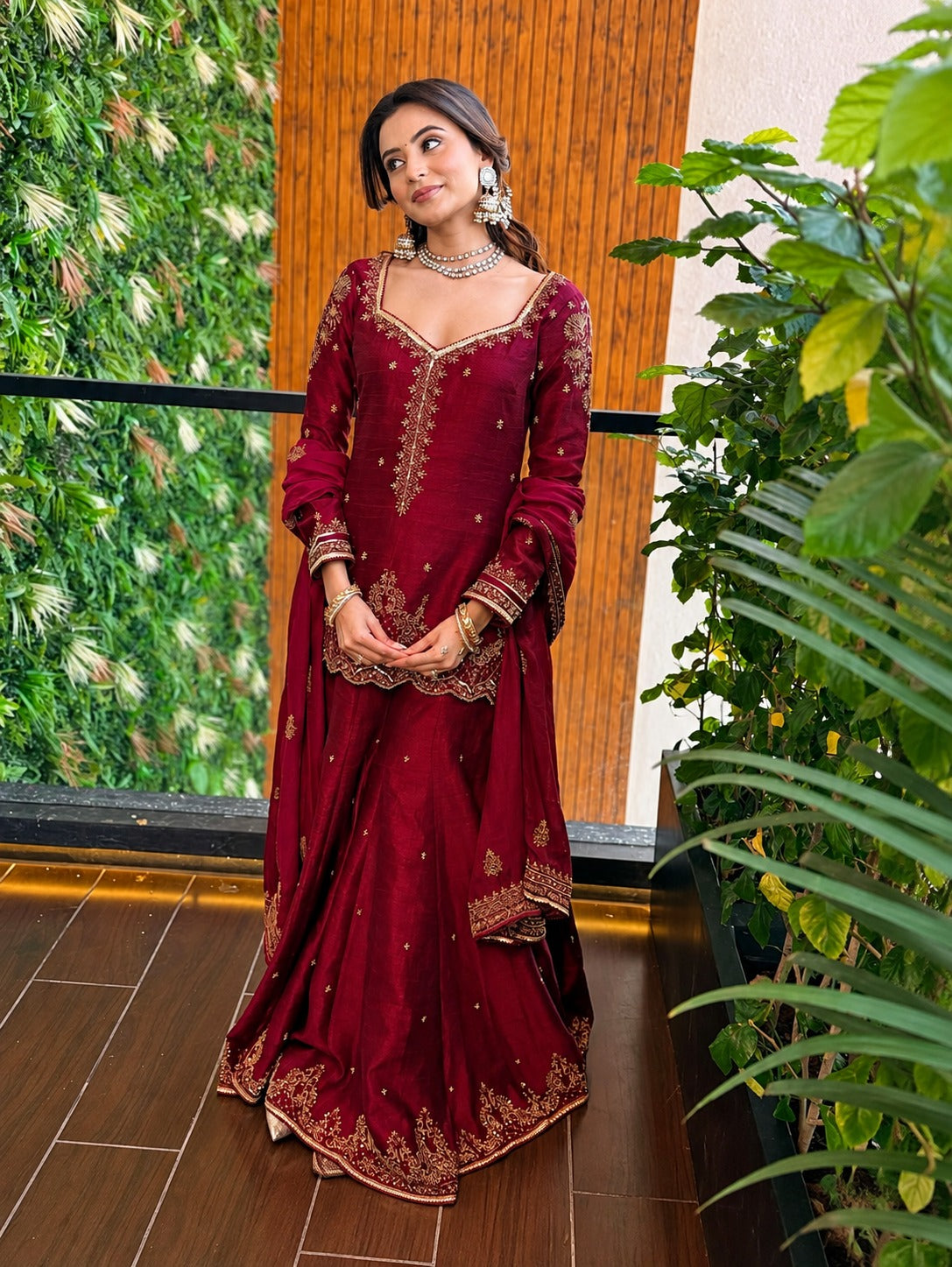 ziya Maroon Vichitra Silk Sequence & Zari Embroidered Kurti Palazzo Set
