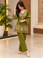 prisha Green Premium Cotton Embroidered Kurta Pant Set