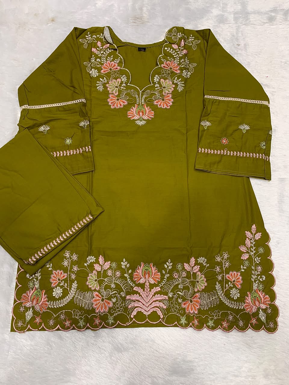 prisha Green Premium Cotton Embroidered Kurta Pant Set