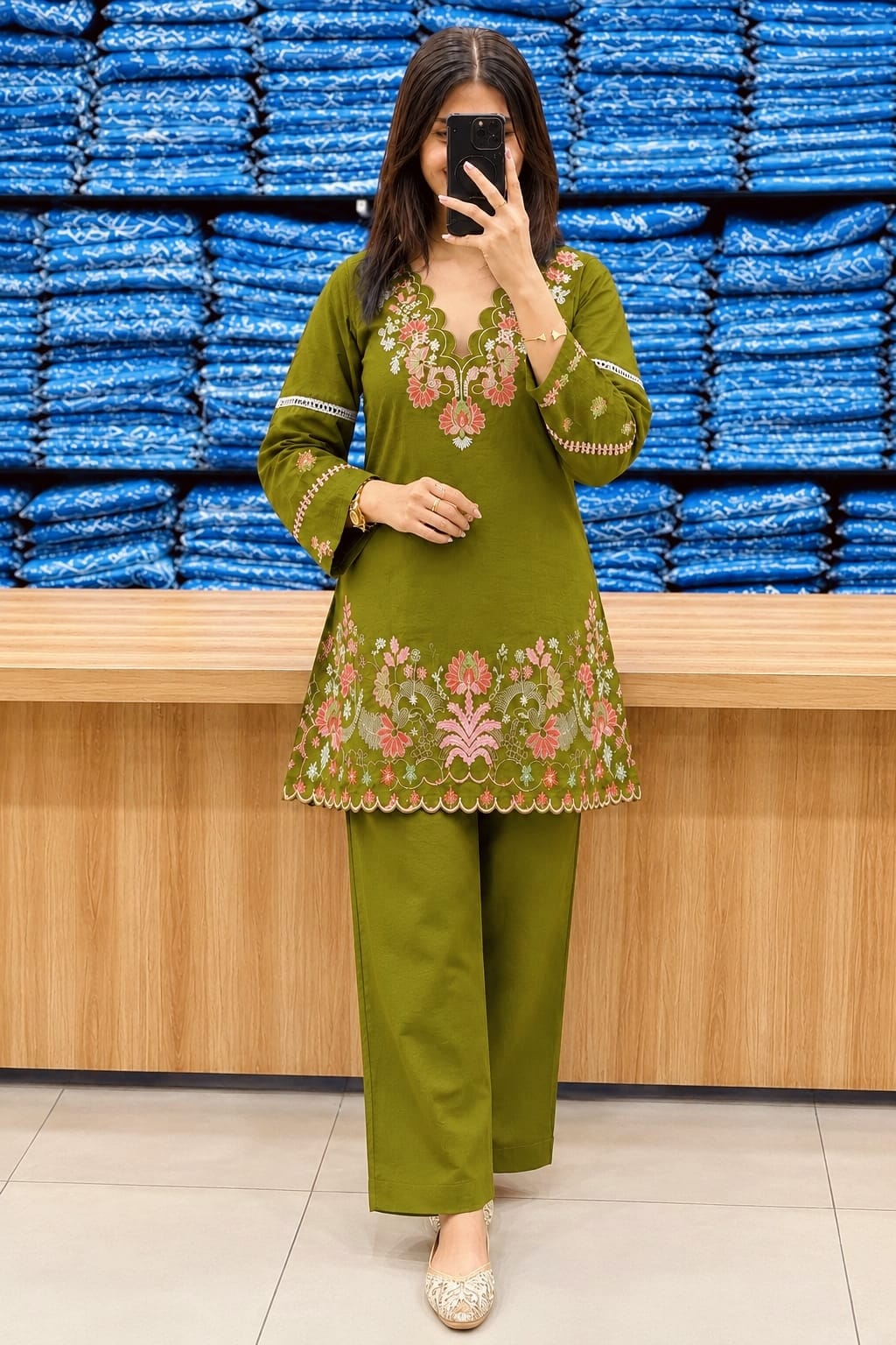 prisha Green Premium Cotton Embroidered Kurta Pant Set