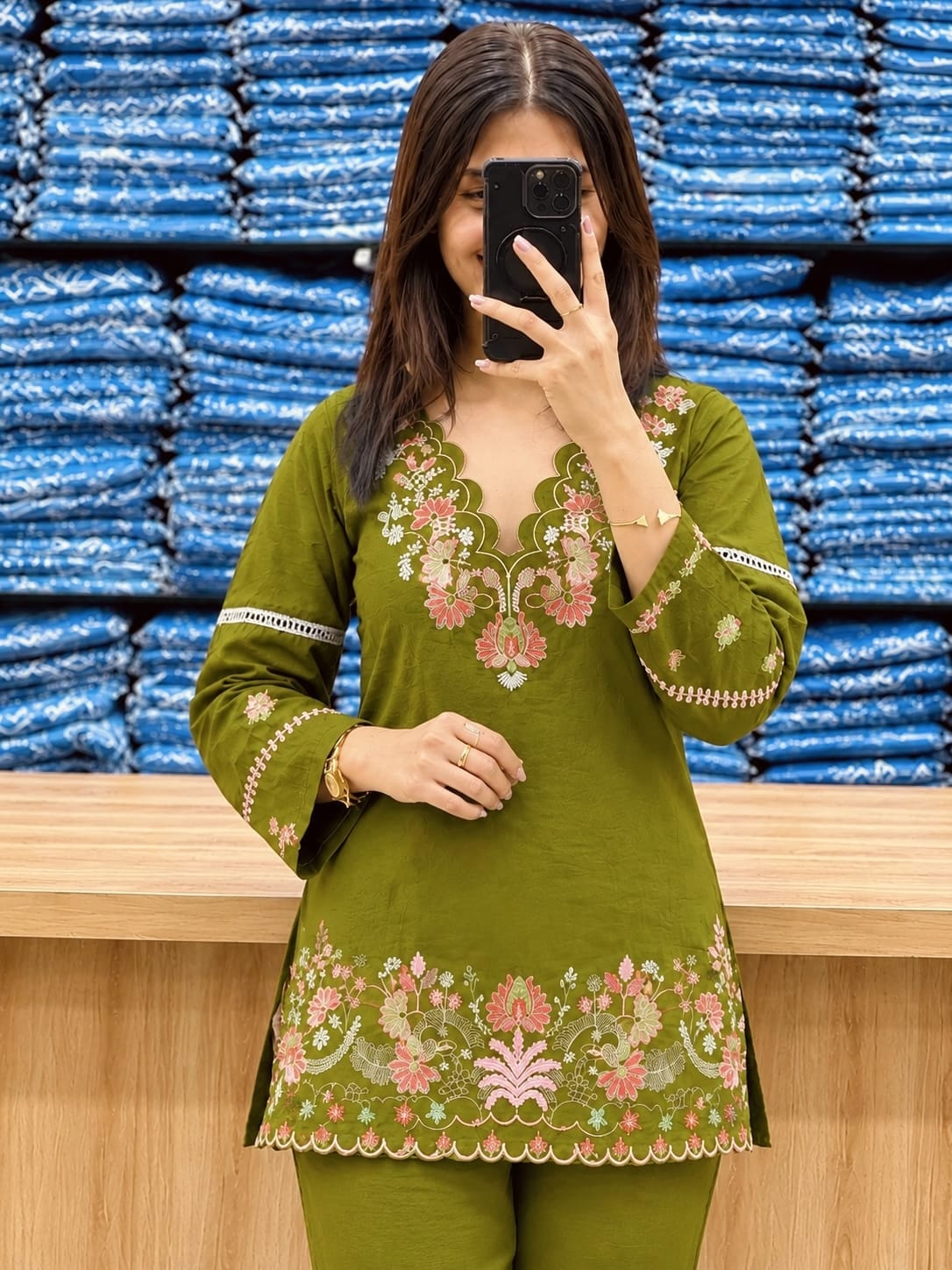 prisha Green Premium Cotton Embroidered Kurta Pant Set