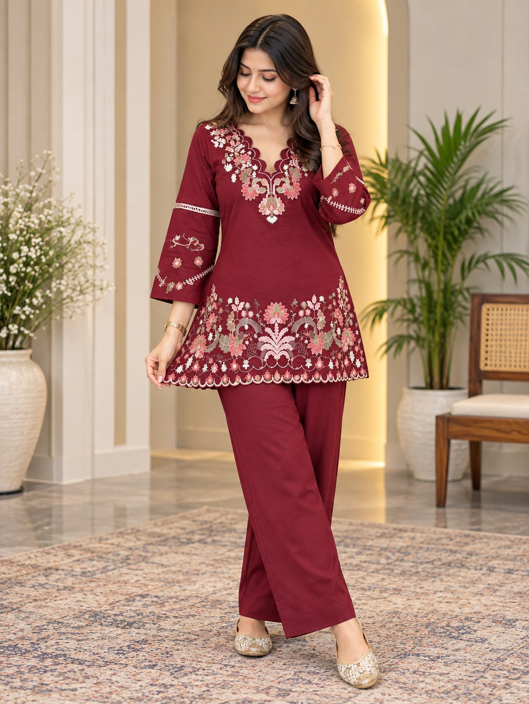 prisha Red Premium Cotton Embroidered Kurta Pant Set