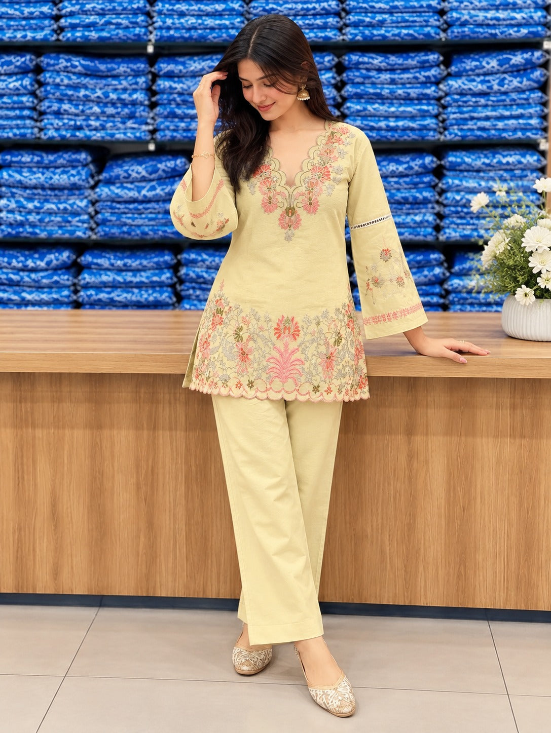 prish Yellow Premium Cotton Embroidered Kurta Pant Set