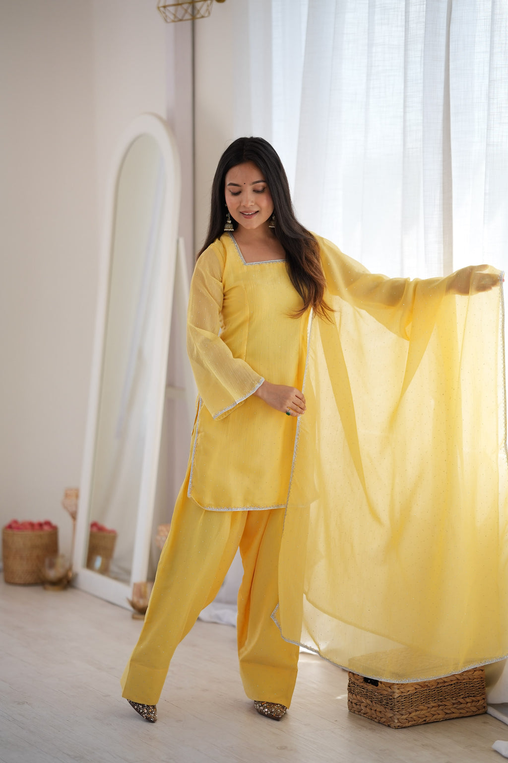 Sunita Yellow Crunchy Silk Embellished Salwar Suit Set